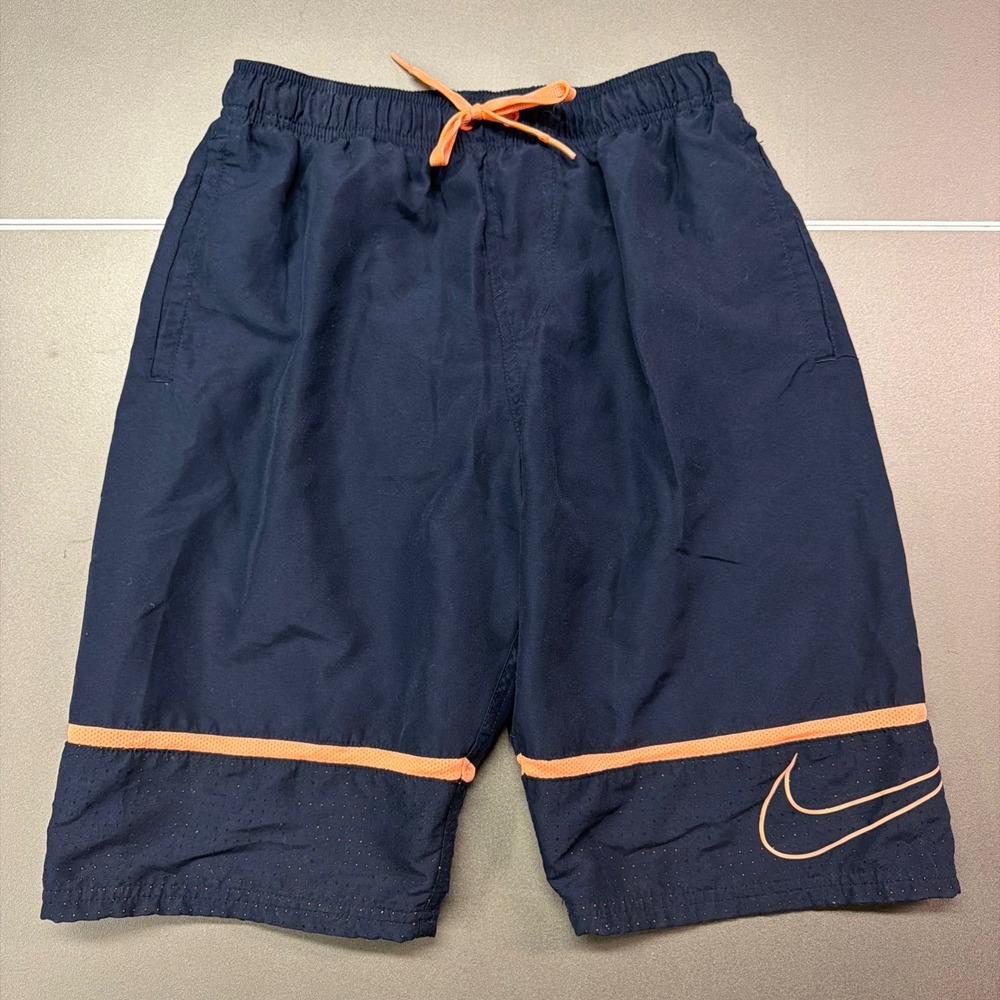 Nike Mens Athletic Shorts Navy Blue Orange Mesh Lined Drawstring Size S